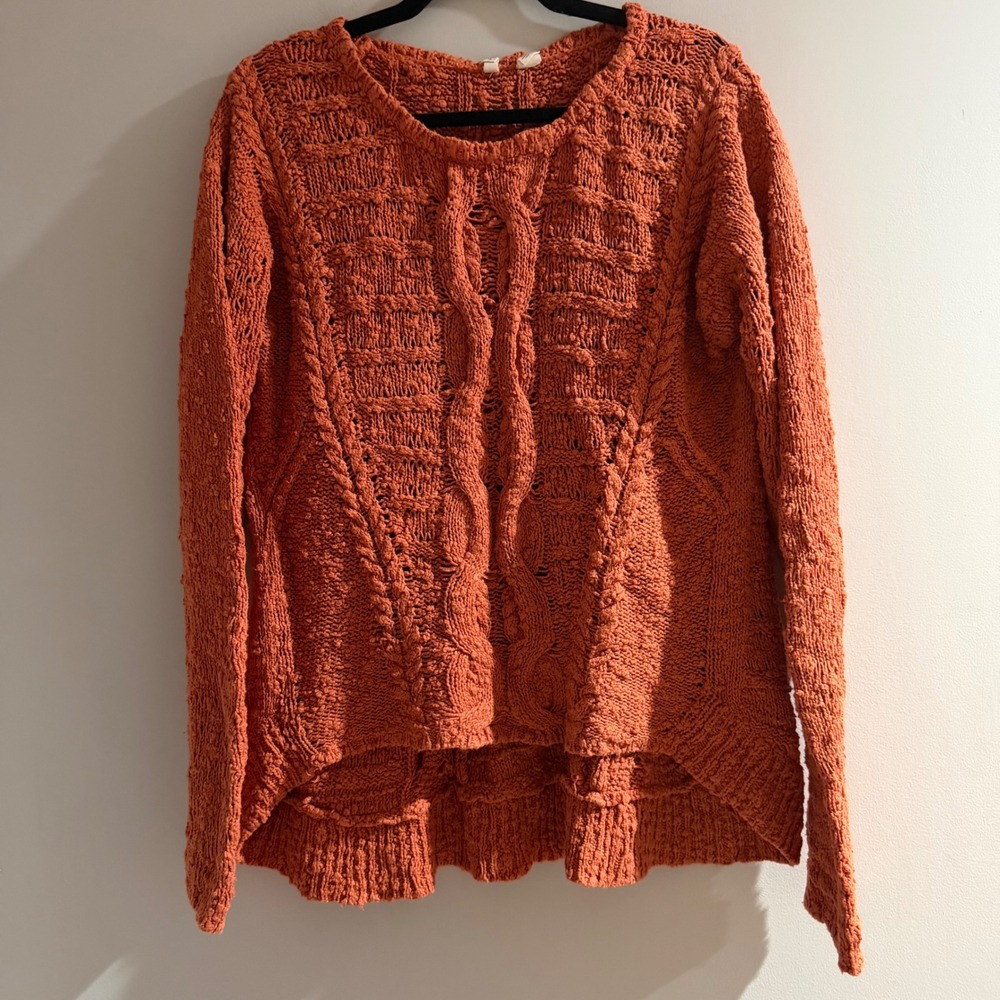 Moth Anthropologie Sweater XL Orange Chunky Cable Knit High Low Pullover VGC